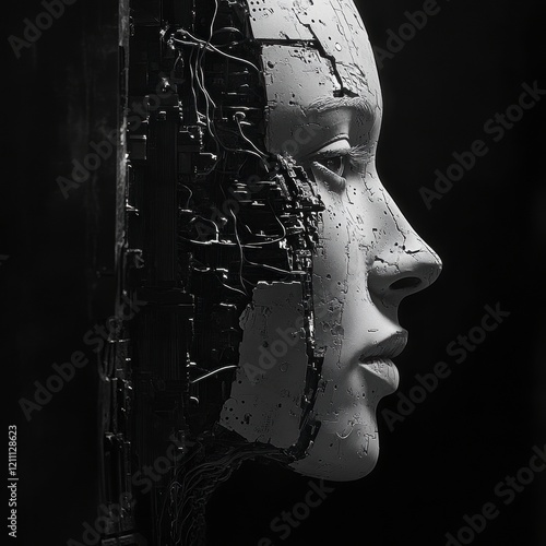 Female Face Merged with Circuit Board in Black and White Aesthetic photo