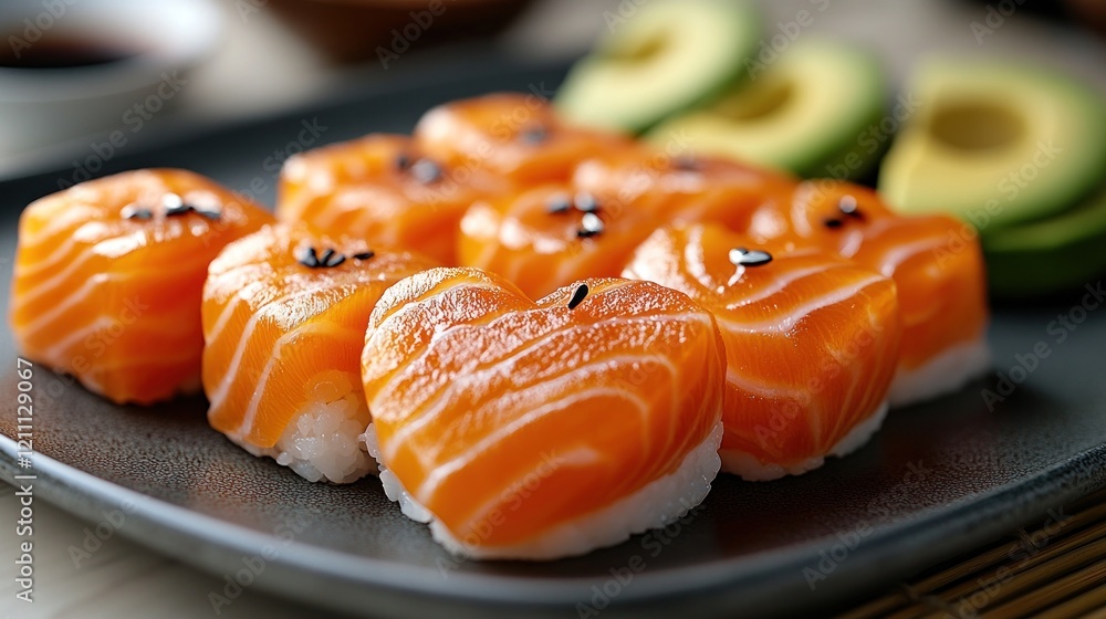 Heart-shaped salmon sushi, avocado, restaurant, close-up, food blog Heart-shaped salmon sushi, avocado, restaurant, close-up, food blog