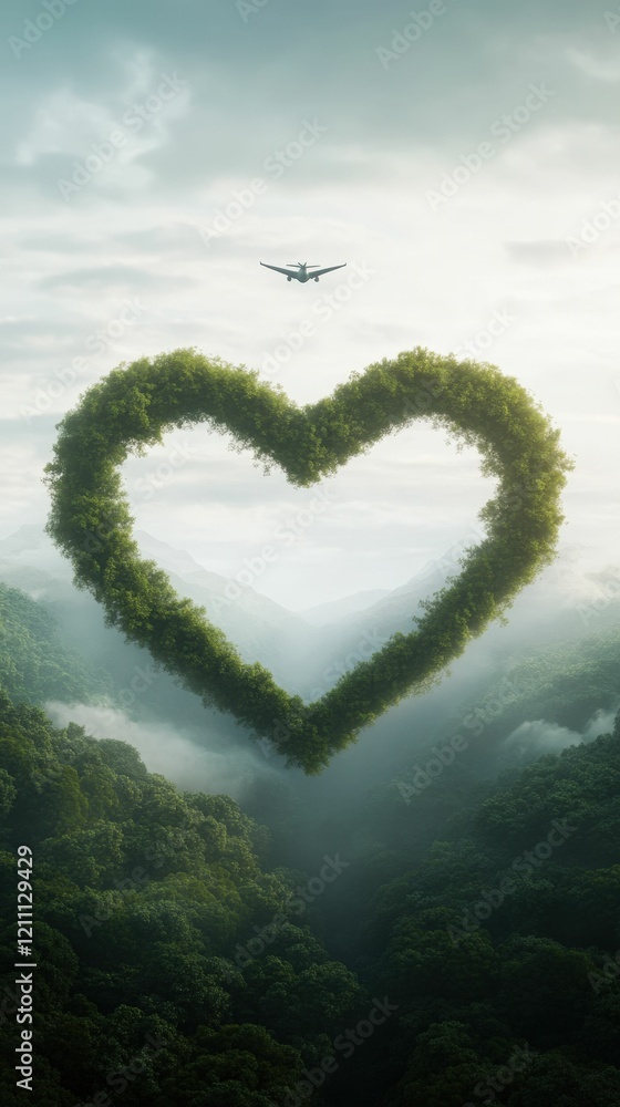 Naklejka premium A heart-shaped foliage formation hovers above a lush forest, with a plane flying in the sky, symbolizing love for nature and travel.