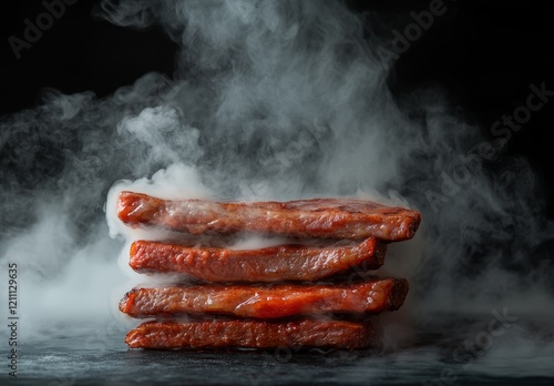 Stack of smoky, grilled steaks on dark surface. photo