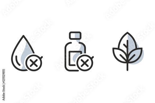 Natural Ingredients Water, Bottle, and Leaf Icons, Natural and Enhanced Ingredients Icon Set 