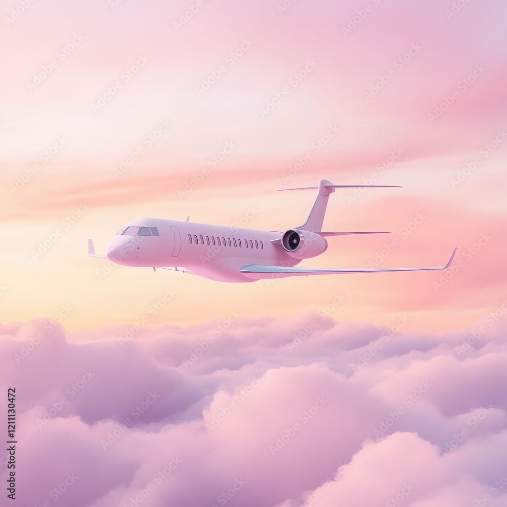 Obraz premium A sleek white jet soars through soft pink clouds during a serene sunset, embodying luxury and tranquility in the sky.