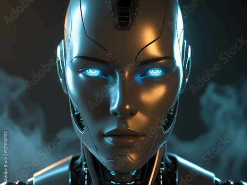 portrait of humanoid robot face with blue eyes isolated dark background