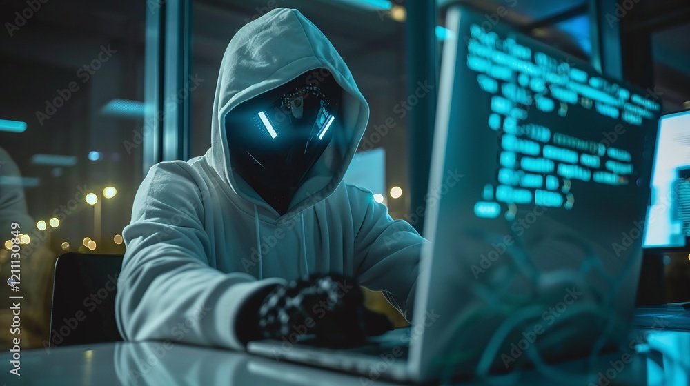 Hooded figure in a dark moody cyberpunk style workshop working intently on a laptop computer surrounded by technology digital displays and evidence of coding or programming activities Hooded figure in a dark moody cyberpunk style workshop working intently on a laptop computer surrounded by technology digital displays and evidence of coding or programming activities