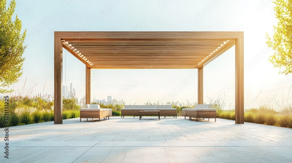 Majestic pergola framed against clear skies offers modern seating elegance. Majestic pergola framed against clear skies offers modern seating elegance.