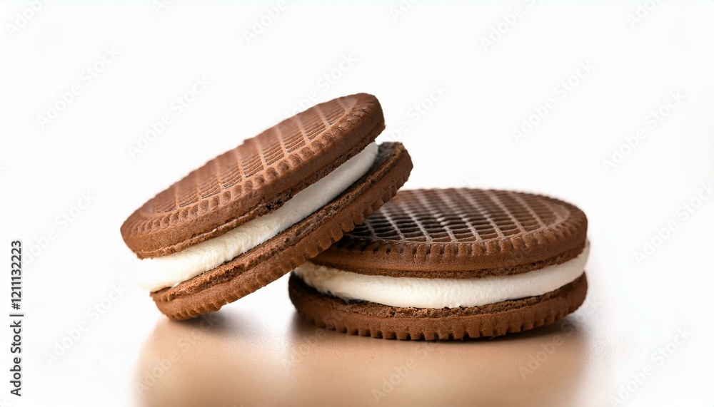 Two chocolate sandwich cookies with creamy filling. Two chocolate sandwich cookies with creamy filling.