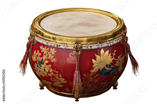 Ornate Red Drum: A traditional, vibrant red drum with intricate gold floral designs and tassels stands proudly, inviting a rhythmic beat and capturing the essence of cultural heritage. photo