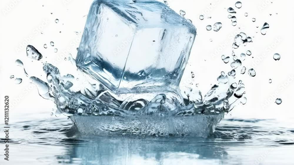 Ice cube splashes into water creating dynamic droplets in slow motion Ice cube splashes into water creating dynamic droplets in slow motion