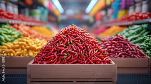 Bright and Colorful Display of Fresh Red Chili Peppers in a Market with Other Vibrant Vegetables