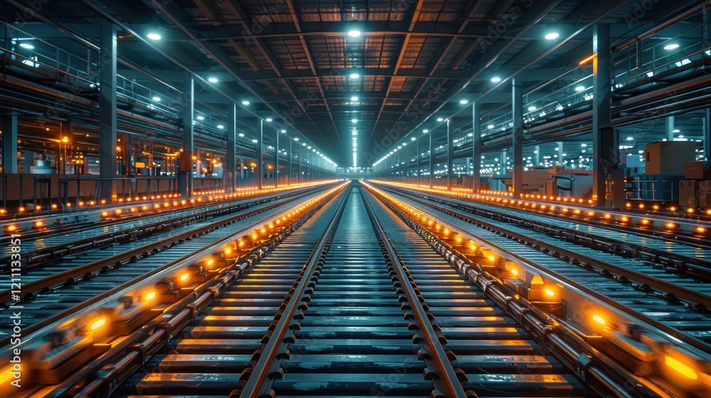 Illuminated Railway Tracks in Industrial Setting Illuminated Railway Tracks in Industrial Setting