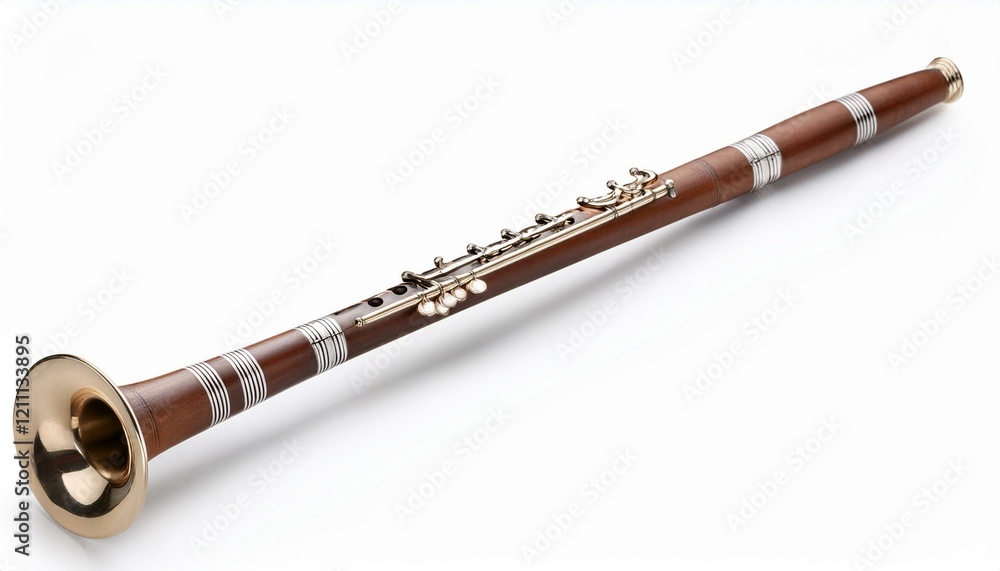 Fototapeta premium A dark wood clarinet with brass and silver accents rests on a white background.