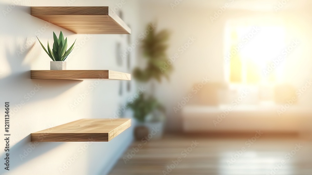 Fototapeta premium Three empty wooden shelves on a white wall in a bright room with blurred background.