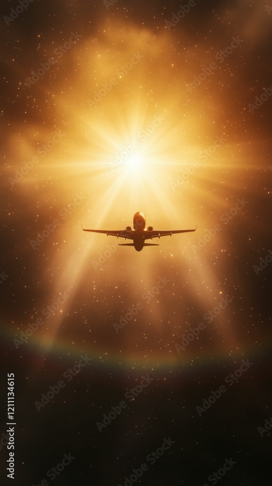 Naklejka premium A silhouette of an airplane flies toward a radiant golden light, surrounded by a cosmic atmosphere, evoking a sense of journey and exploration.