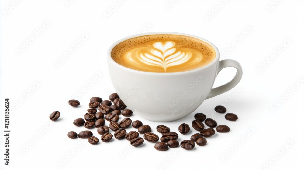 A creamy latte in a white cup, topped with a delicate leaf pattern, surrounded by scattered coffee beans. A creamy latte in a white cup, topped with a delicate leaf pattern, surrounded by scattered coffee beans.