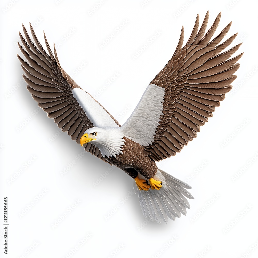 Obraz premium Majestic eagle soaring gracefully through the sky with outstretched wings and vibrant feathers.