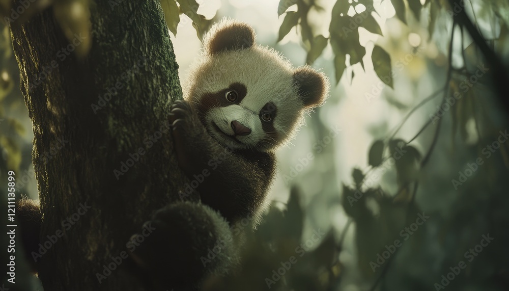 Obraz premium Panda Cub Climbs Tree Joyfully