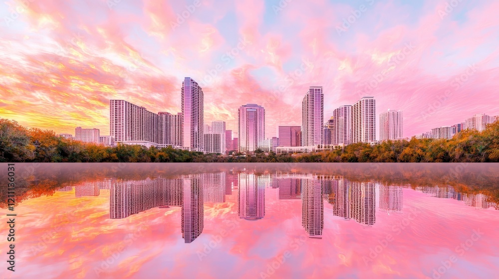 Obraz premium Serene City Skyline at Dusk with Vivid Pink and Orange Clouds Reflected in Calm Water