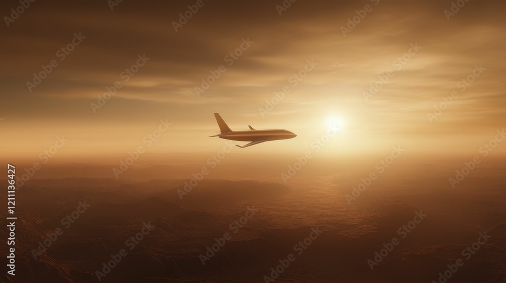 Naklejka premium A silhouette of an airplane flying against a stunning sunset, casting a golden hue over the sky, symbolizing travel and adventure.