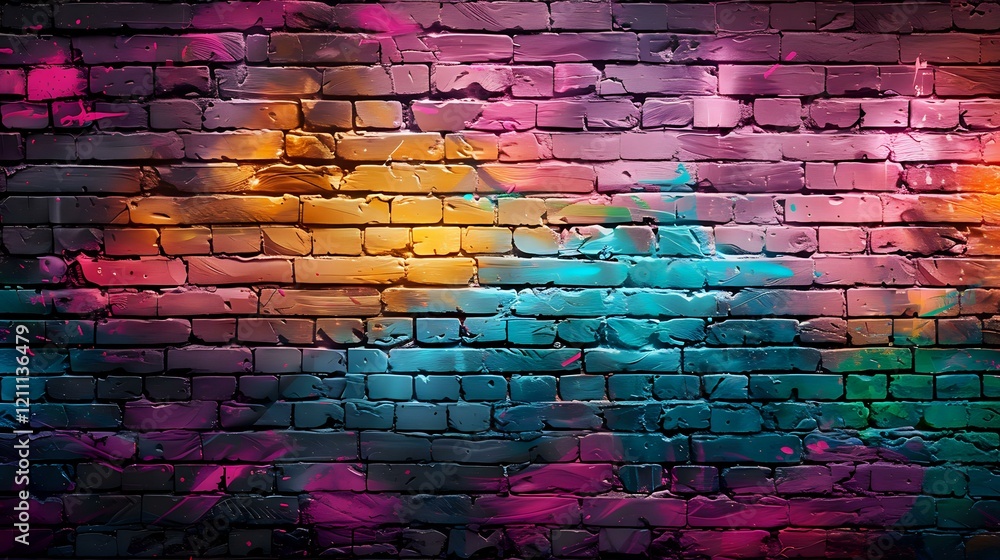 Vibrant multicolored graffiti style paint splashes on brick wall background with neon pink, turquoise and orange lighting effects creating urban artistic atmosphere. Vibrant multicolored graffiti style paint splashes on brick wall background with neon pink, turquoise and orange lighting effects creating urban artistic atmosphere.