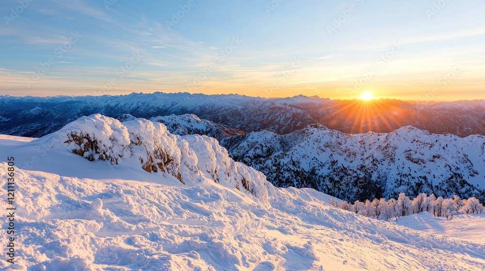 Snowy mountain sunset panorama, winter landscape Snowy mountain sunset panorama, winter landscape