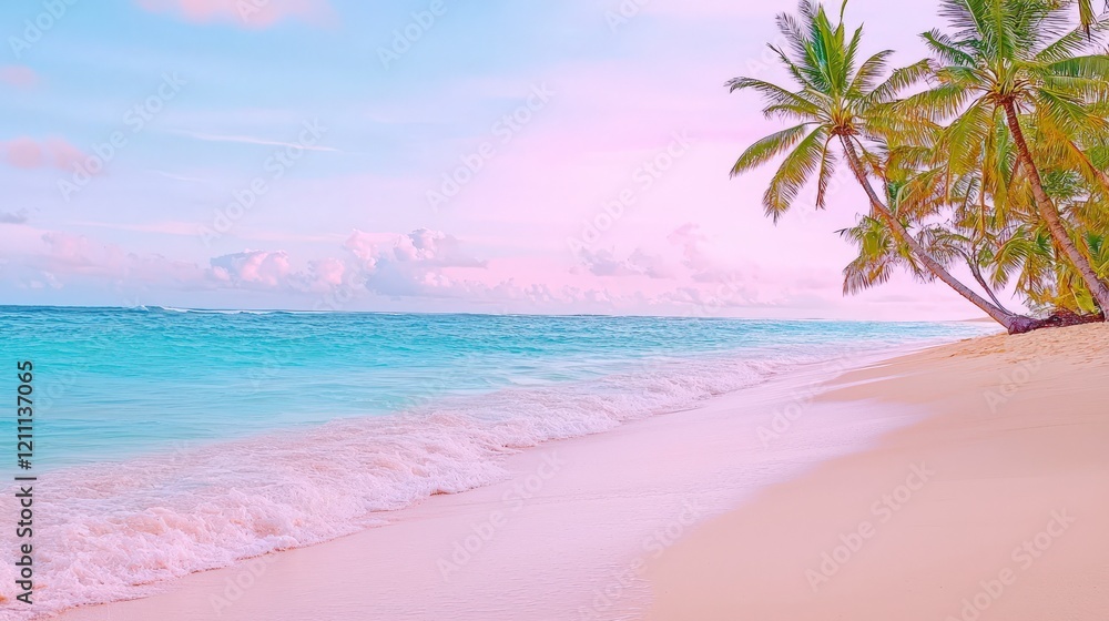 Fototapeta premium Serene Tropical Beach with Palm Trees and Gentle Waves Under a Colorful Sky at Sunset