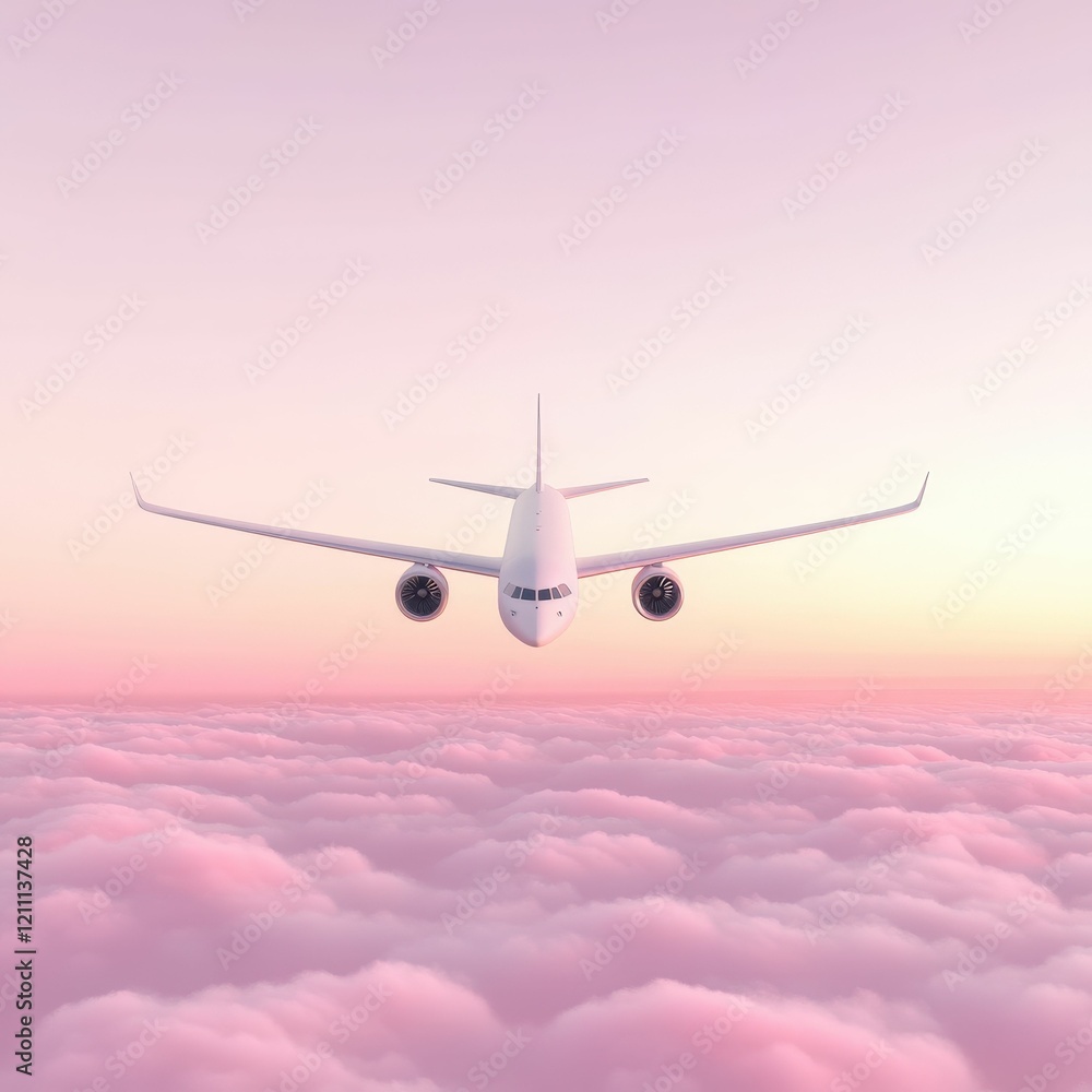 Fototapeta premium A serene view of an airplane flying above fluffy clouds during a pastel sunset, capturing the essence of travel and adventure.