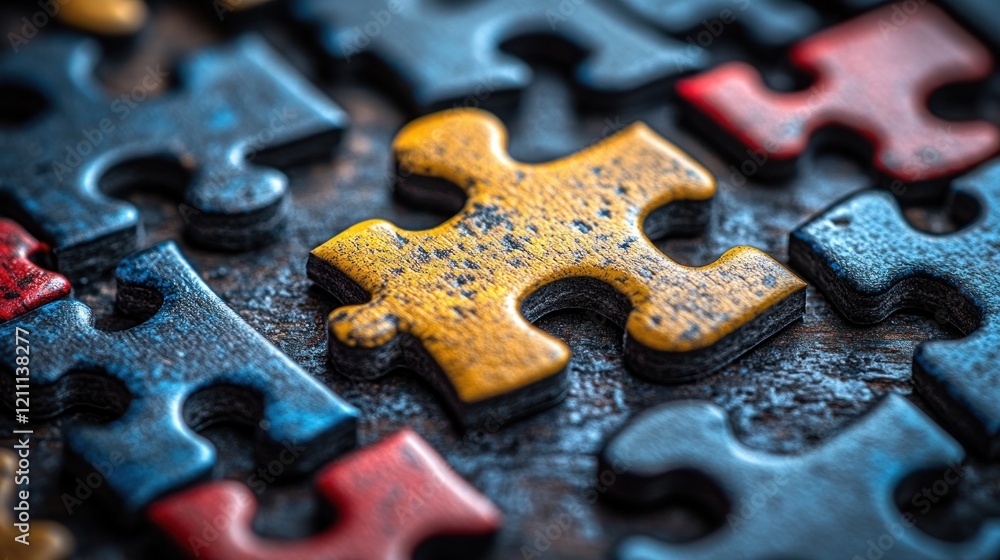 Close-up of colorful jigsaw puzzle pieces scattered on a textured surface, showcasing vibrant hues and details Close-up of colorful jigsaw puzzle pieces scattered on a textured surface, showcasing vibrant hues and details