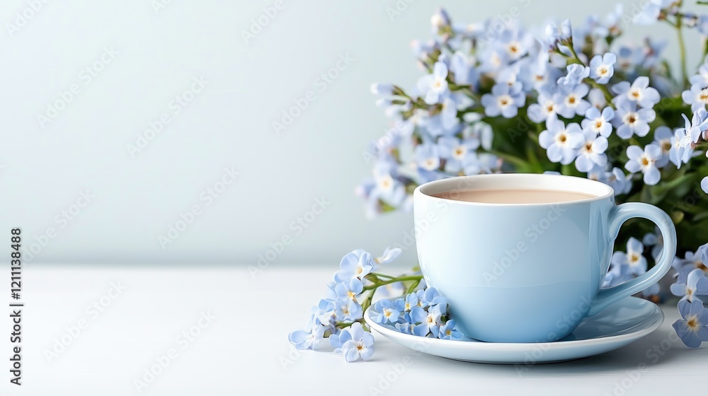 Blue teacup and forget-me-nots on table, peaceful morning scene, perfect for greeting cards Blue teacup and forget-me-nots on table, peaceful morning scene, perfect for greeting cards