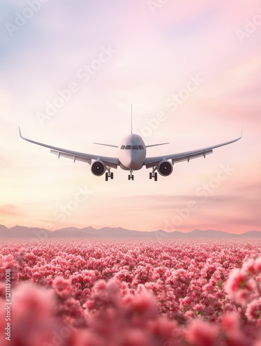 Wallpaper Mural An airplane descends over a vibrant field of flowers under a pastel sky, creating a serene and picturesque scene. Torontodigital.ca