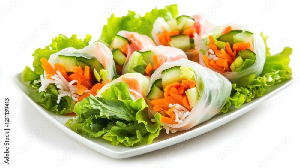 A plate of colorful vegetable spring rolls with fresh vegetables including carrots, cucumber, bell peppers A plate of colorful vegetable spring rolls with fresh vegetables including carrots, cucumber, bell peppers