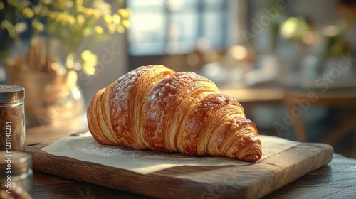 A croissant is a type of pastry that is made with layers of butter and dough rolled together to create a flaky texture. photo