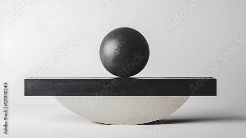 Black sphere rests perfectly balanced atop a dark rectangular slab, which itself is perched on a light-colored curved base. Minimalist and elegant. photo