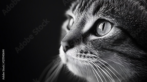 Close up black and white photography of a cat with zoom on Its face and black background