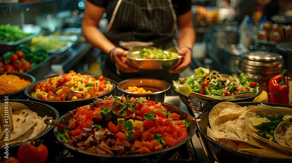 Obraz premium Fresh colorful dishes prepared by chef in restaurant kitchen, variety of healthy salads and appetizers served in rustic bowls for catering or buffet service.