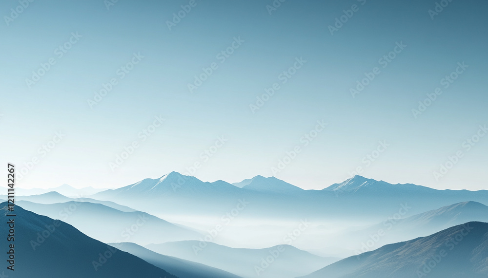 Fototapeta premium Serene mountain landscape under a blue sky with misty valleys.