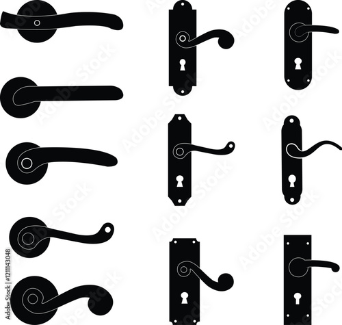 Door handles icon set. Locks handles on the door in the house, hotel. Black flat vector collection isolated on transparent background. Metal items interior symbols doorknob realistic.