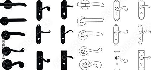 Door handles icon set. Locks handles on the door in the house, hotel. Black flat and line vector collection isolated on transparent background. Metal items interior symbols doorknob realistic.