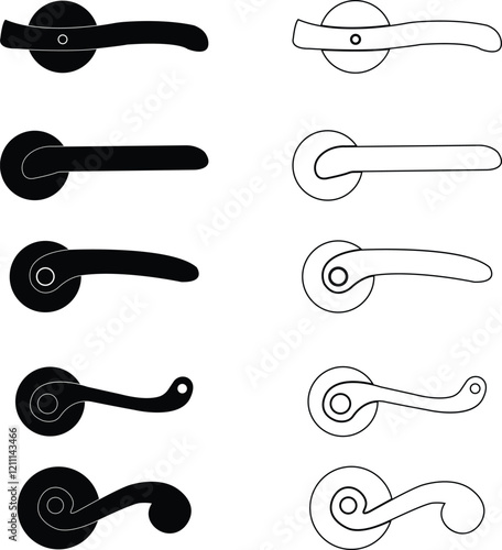 Door handles icon set. Locks handles on the door in the house, hotel. Black flat and line vector collection isolated on transparent background. Metal items interior symbols doorknob realistic.