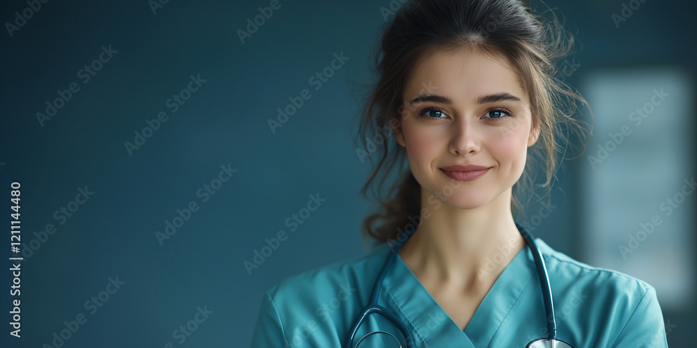 Healthcare professional smiling hospital setting portrait calm environment close-up compassion in medicine Healthcare professional smiling hospital setting portrait calm environment close-up compassion in medicine