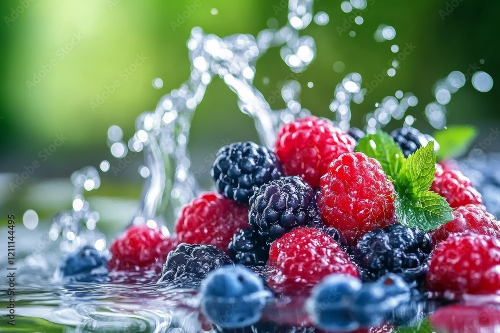 Fresh mixed berries look refreshing on water surface and splashing , Generative AI Fresh mixed berries look refreshing on water surface and splashing , Generative AI