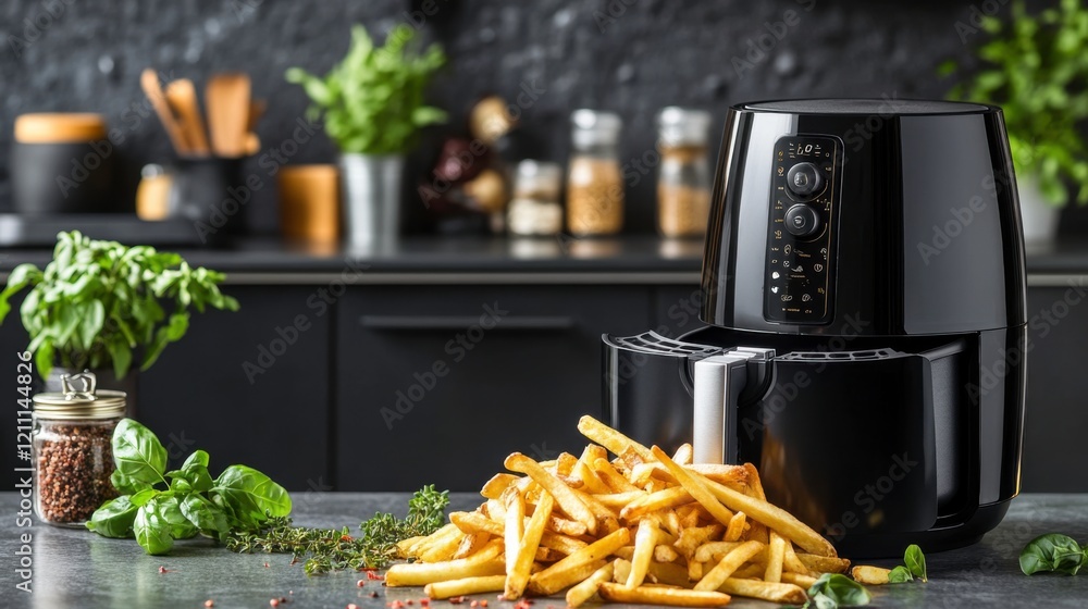 Crispy Fries from a Digital Air Fryer on a Kitchen Counter Crispy Fries from a Digital Air Fryer on a Kitchen Counter