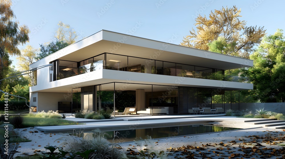 Fototapeta premium Minimalist home exterior with a flat roof and large windows