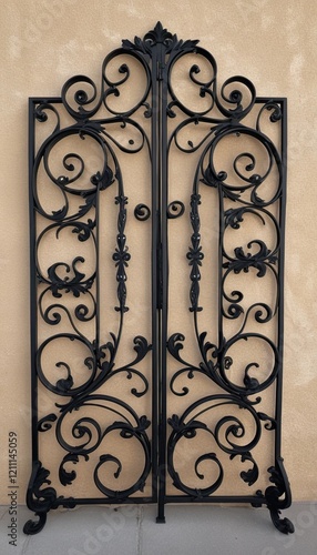 Decorative black wrought iron gates with intricate design on a beige wall, copy space photo