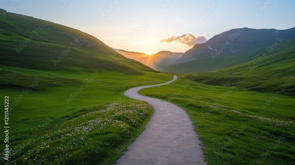 Tranquil pathway through verdant meadow with majestic mountain vista in the background Tranquil pathway through verdant meadow with majestic mountain vista in the background
