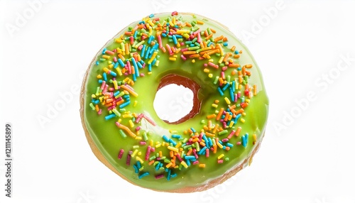 Hole Pistachio Donut with Rainbow Sprinkles on White Background Isolated
