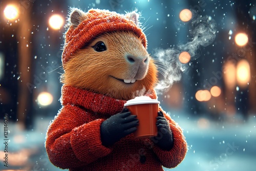 Happy cute baby animal capybara in winter warm clothes, holding hot beverage with rising steam in paws. Zoo pet health. Sidesplitting animals. Winter animal protection. Animal safety tips. photo