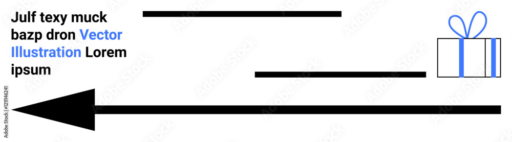 Black arrow pointing right towards a wrapped gift icon with blue ribbon. Includes black Lorem Ipsum text and blue Vector Illustration. Ideal for presentations, marketing, navigation, guides Black arrow pointing right towards a wrapped gift icon with blue ribbon. Includes black Lorem Ipsum text and blue Vector Illustration. Ideal for presentations, marketing, navigation, guides