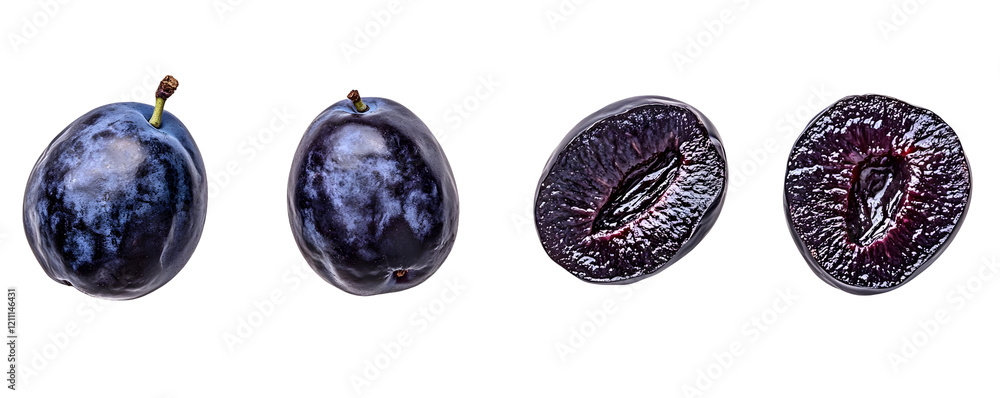 Plums: Two whole and two halved dark plums isolated on a transparent background. Plums: Two whole and two halved dark plums isolated on a transparent background.