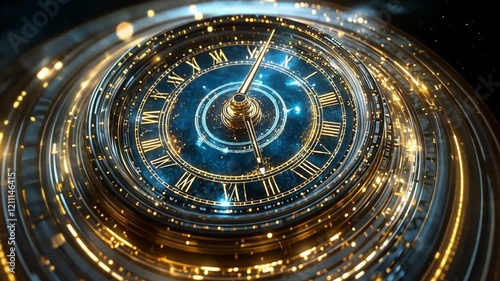 Cosmic Clock: A mesmerizing close-up of an ornate clock face, featuring Roman numerals and a swirling nebula-like background, evokes a sense of timelessness and cosmic wonder.