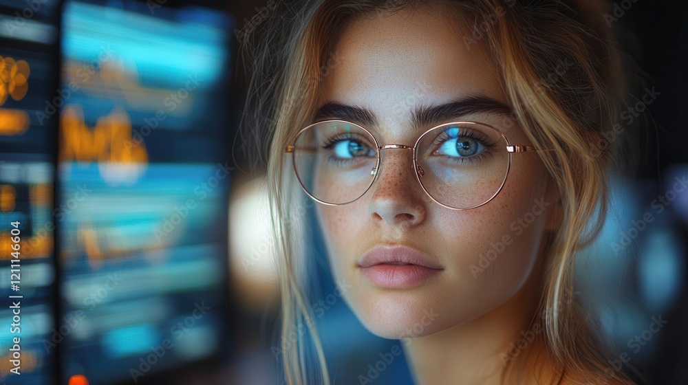 professional female cryptocurrency trader in modern office analyzing digital charts on multiple screens blue light reflection on face dynamic business environment professional female cryptocurrency trader in modern office analyzing digital charts on multiple screens blue light reflection on face dynamic business environment